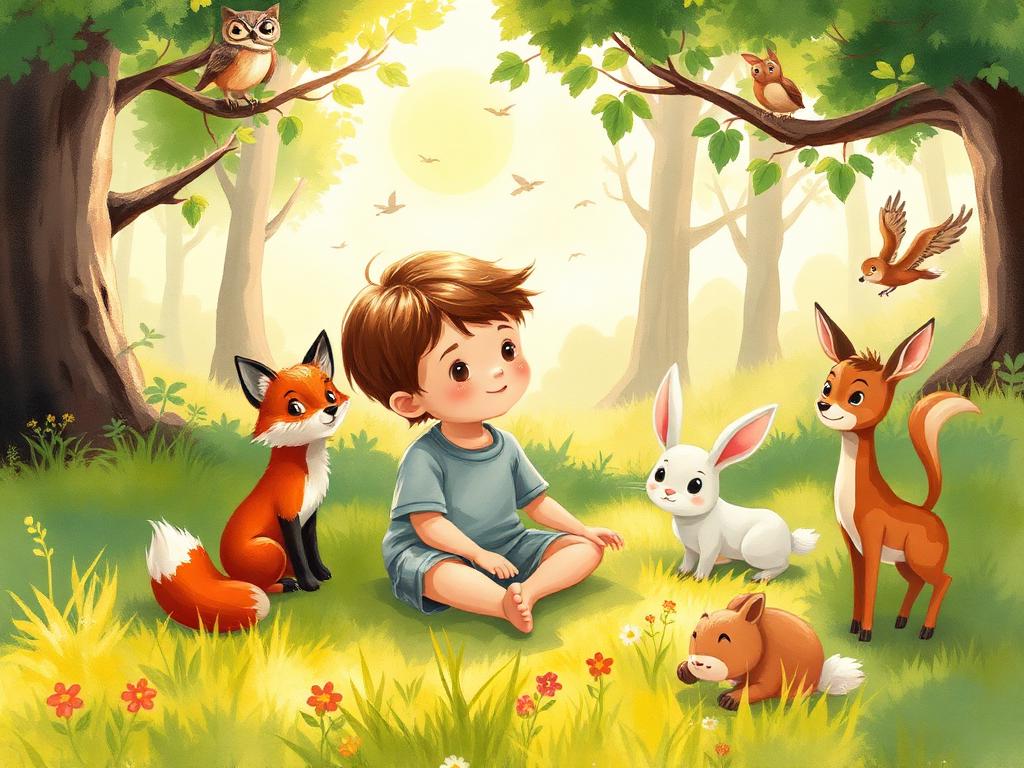 A child surrounded by woodland animal friends