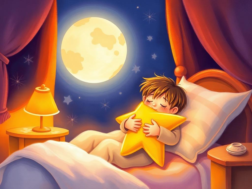 Illustration of a child asleep in a moonlit bedroom hugging a glowing star pillow