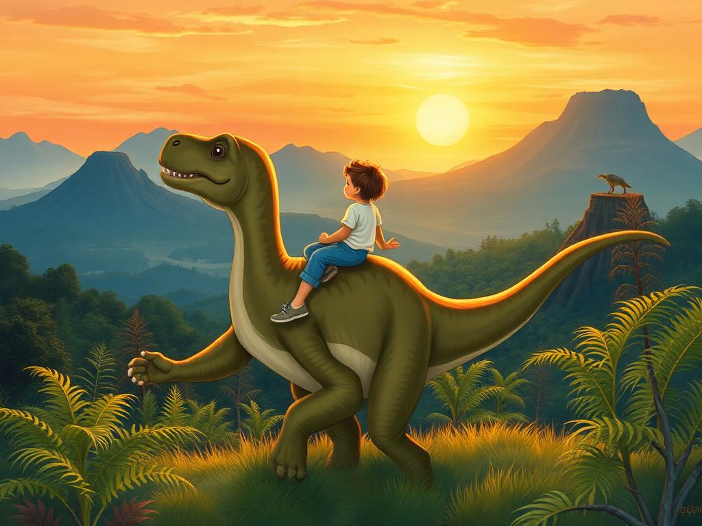 Illustration of a child riding a gentle long-necked dinosaur through a valley at sunset
