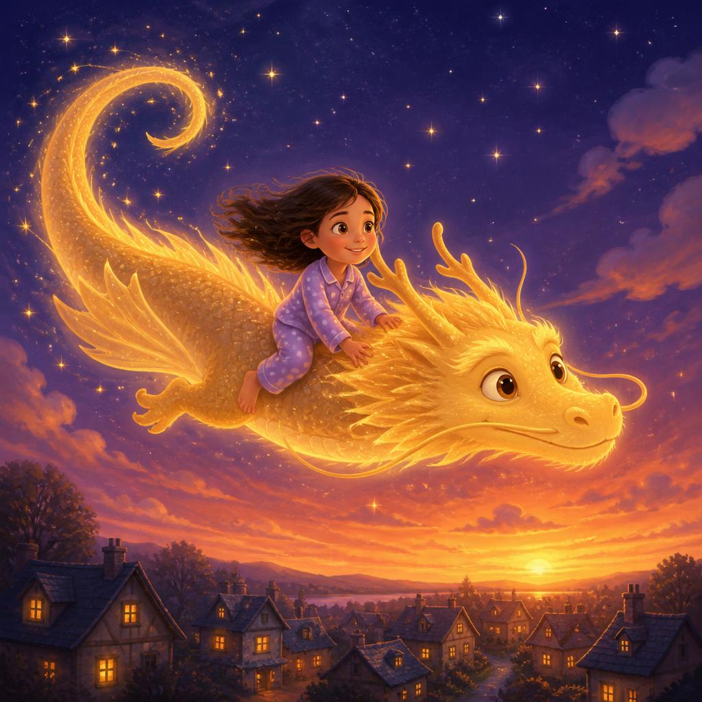 Illustration of a girl in pajamas riding a glowing golden moon dragon above a sleeping village at twilight