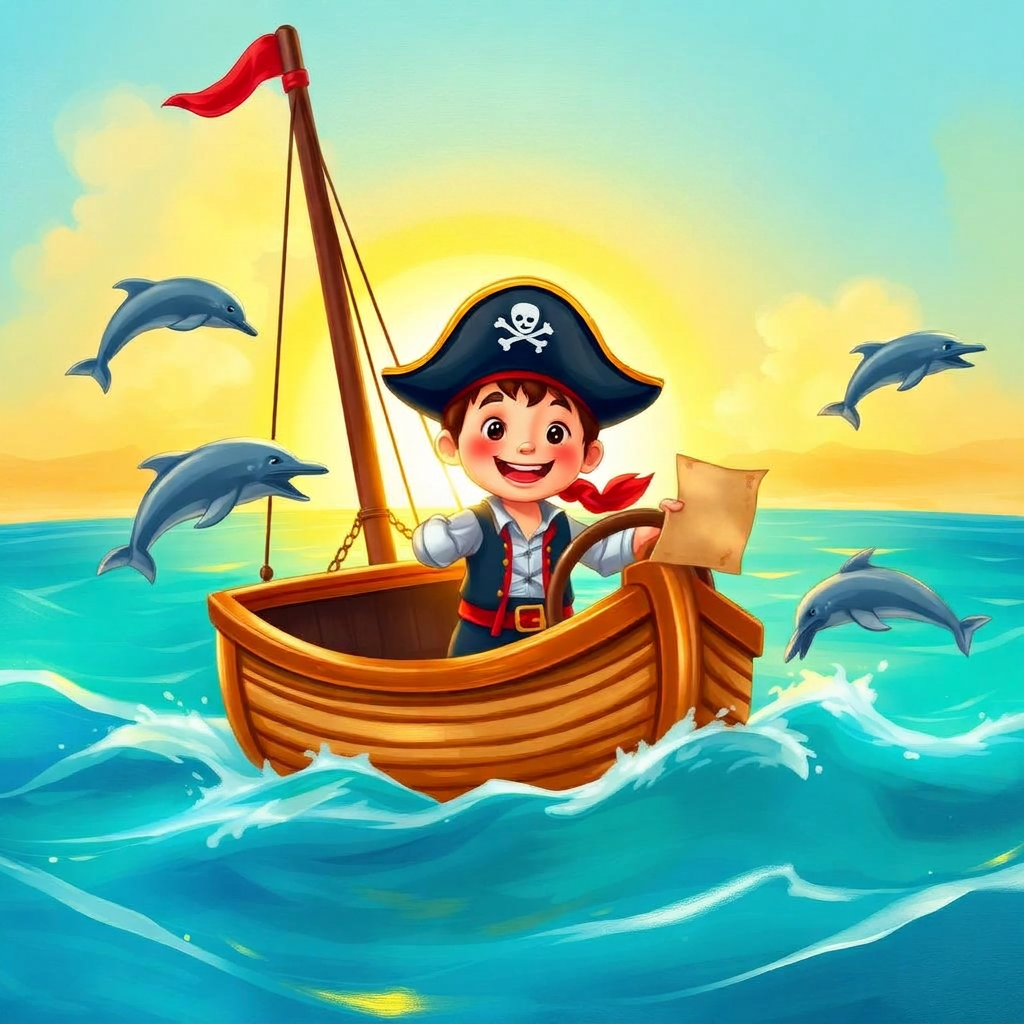 Illustration of a smiling boy in a pirate hat steering a small wooden ship on turquoise seas with leaping dolphins