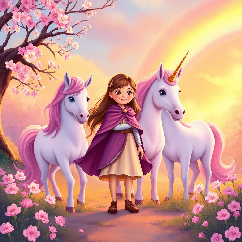 Illustration of a girl in a violet cape standing between two pastel unicorns in a blossoming kingdom at golden hour