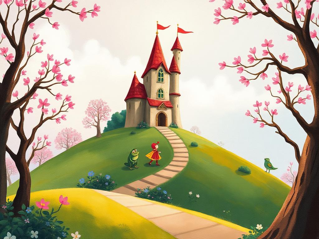 A castle at sunset with a young hero