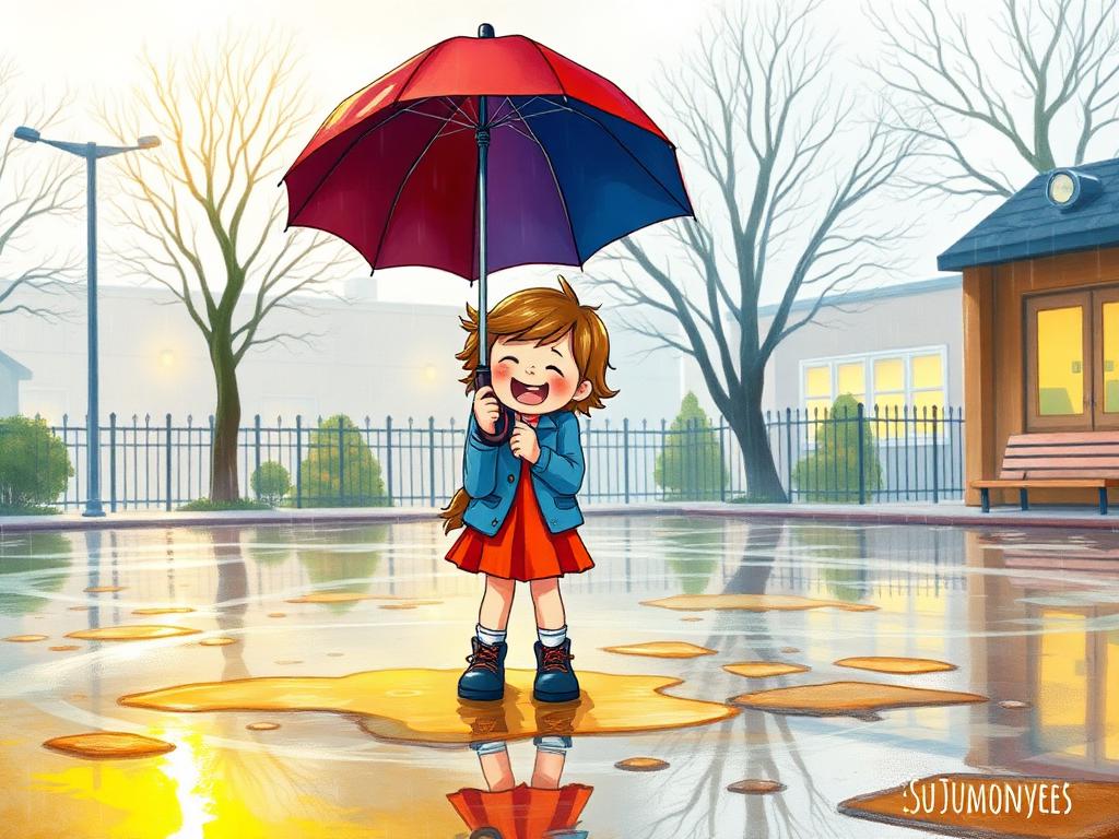 Illustration of two children laughing under one umbrella on a rainy playground