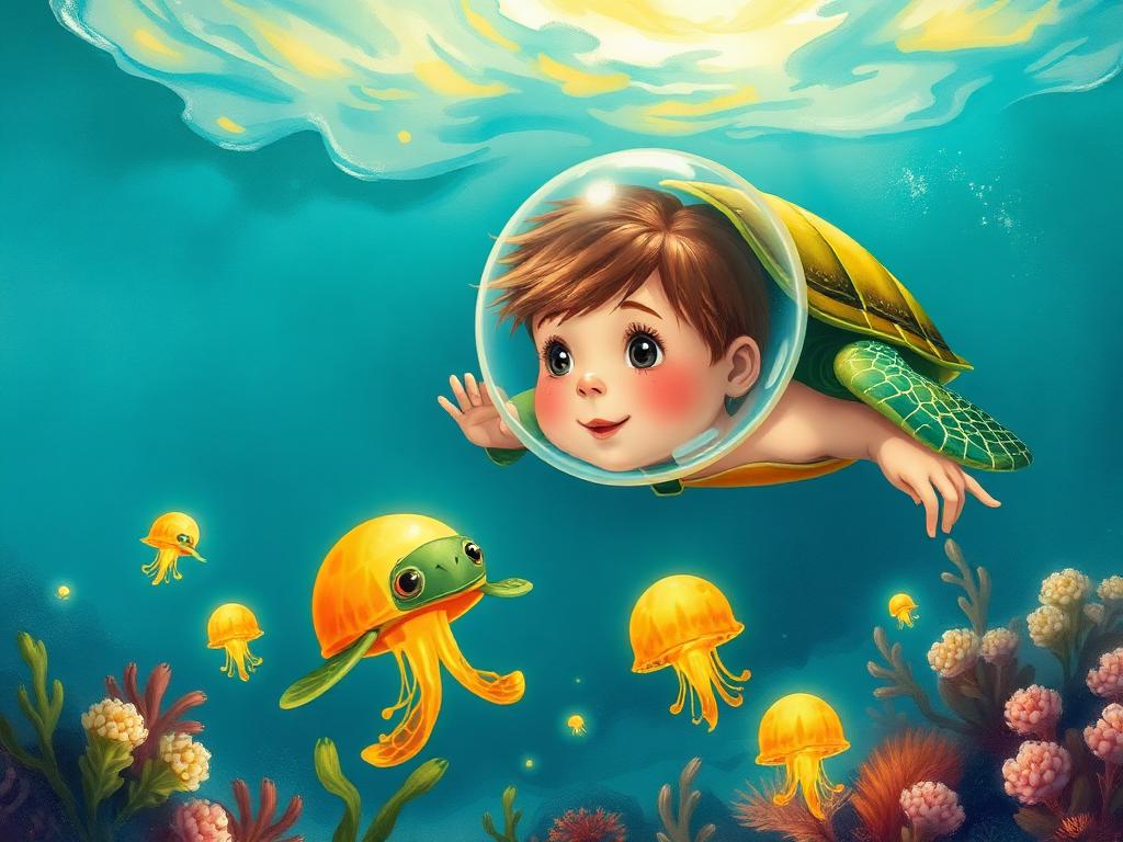 Illustration of a child in a bubble helmet swimming with a sea turtle and glowing jellyfish