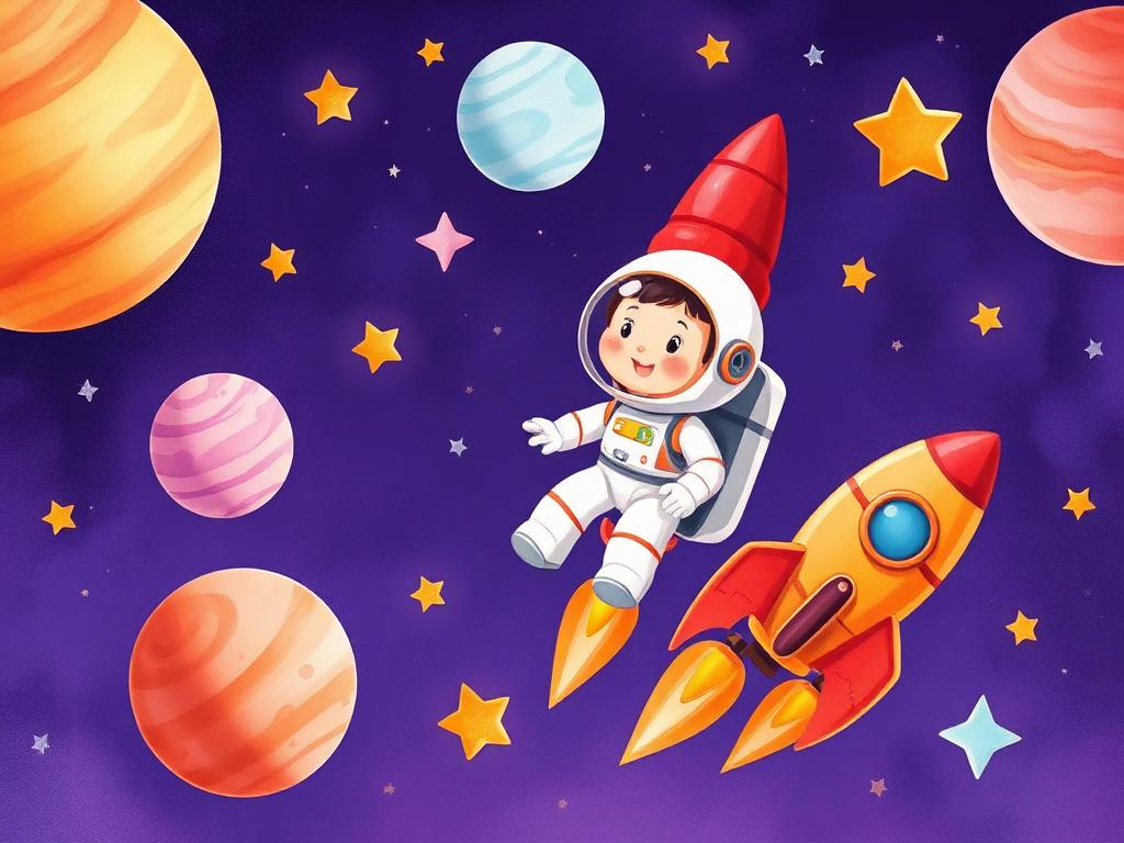 A child astronaut floating past a ringed planet
