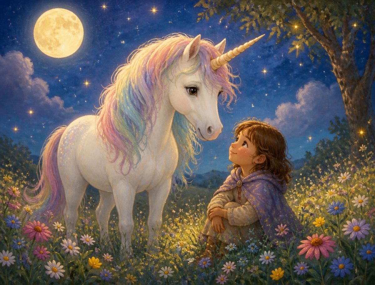 Illustration of a white unicorn with a rainbow mane meeting a child in a moonlit meadow